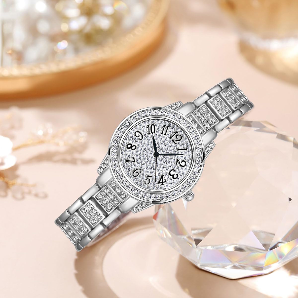 ADSBIAOYE Relojes de oro para mujer, reloj de pulsera de diamantes de lujo, fácil de leer, analógico, impermeable, con correa de acero inoxidable