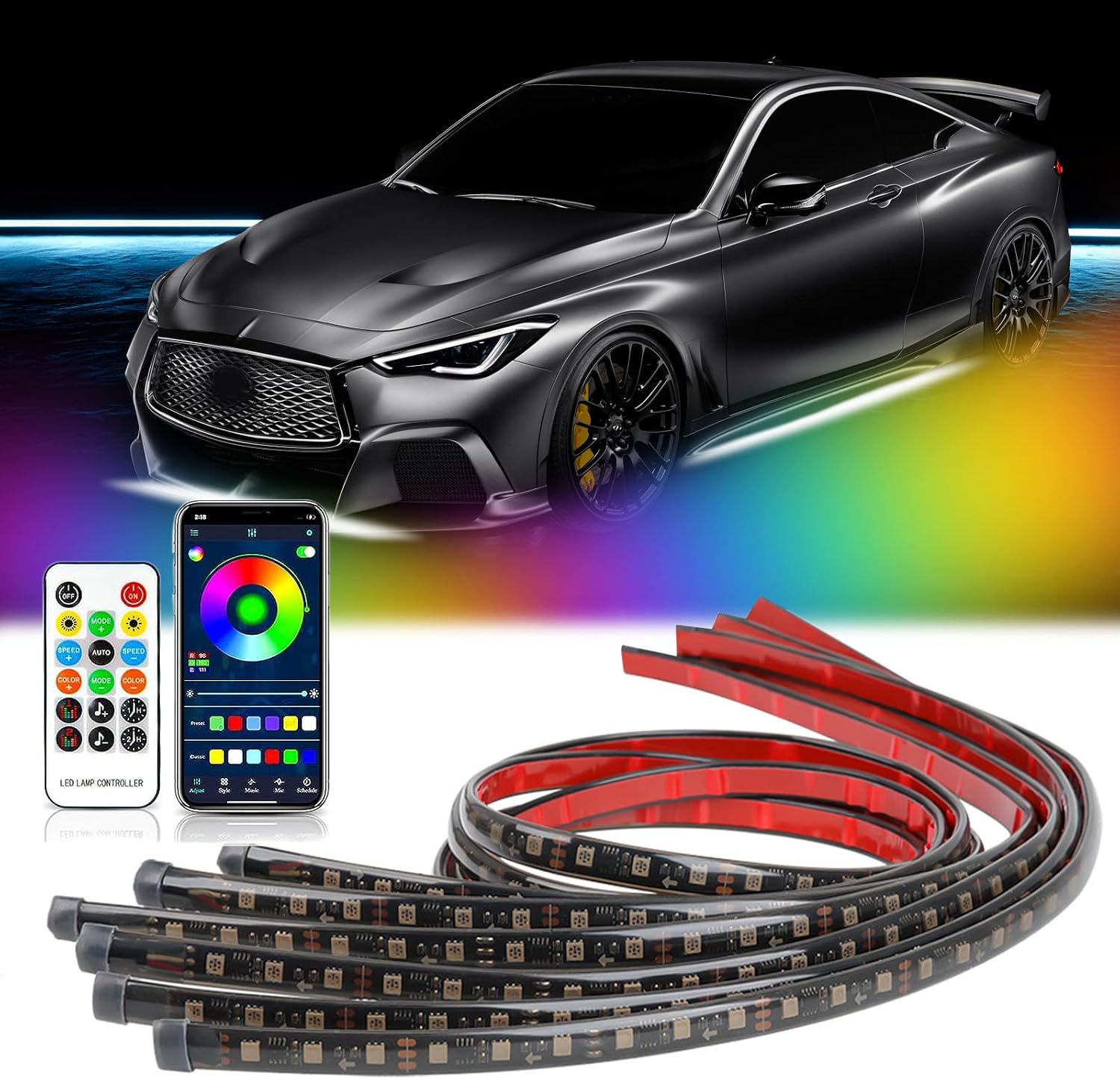 JMTBNO 6pcs RGB+IC Dreamcolor Underglow Light Kit, 256 Chasing Modes Underglow Kit for Car, Truck, with APP&RF Remote Control,Upgrade Underglow Lights with Braking Turn Signal Reverse Function