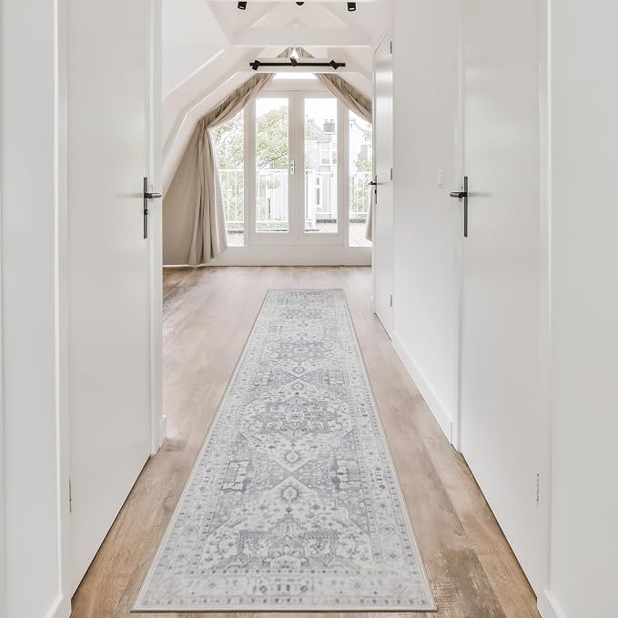 Area Rug 8x10 Washable Area Rugs for Living Room- Ultra Soft Non-Shedding Faux Wool Bedroom Rug Large Grey Vintage Print Rugs with Non Slip Rubber- Indoor Retro Foldable Carpet for Dining Room