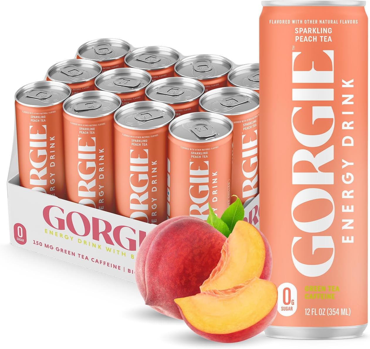 Sugar Free Natural Energy Drinks, Peach (12 Pack) - Healthy Energy Drinks - Natural Coffee Replacement with Green Tea Caffeine and Biotin - 150mg Caffeine, Vegan, & Low Calorie