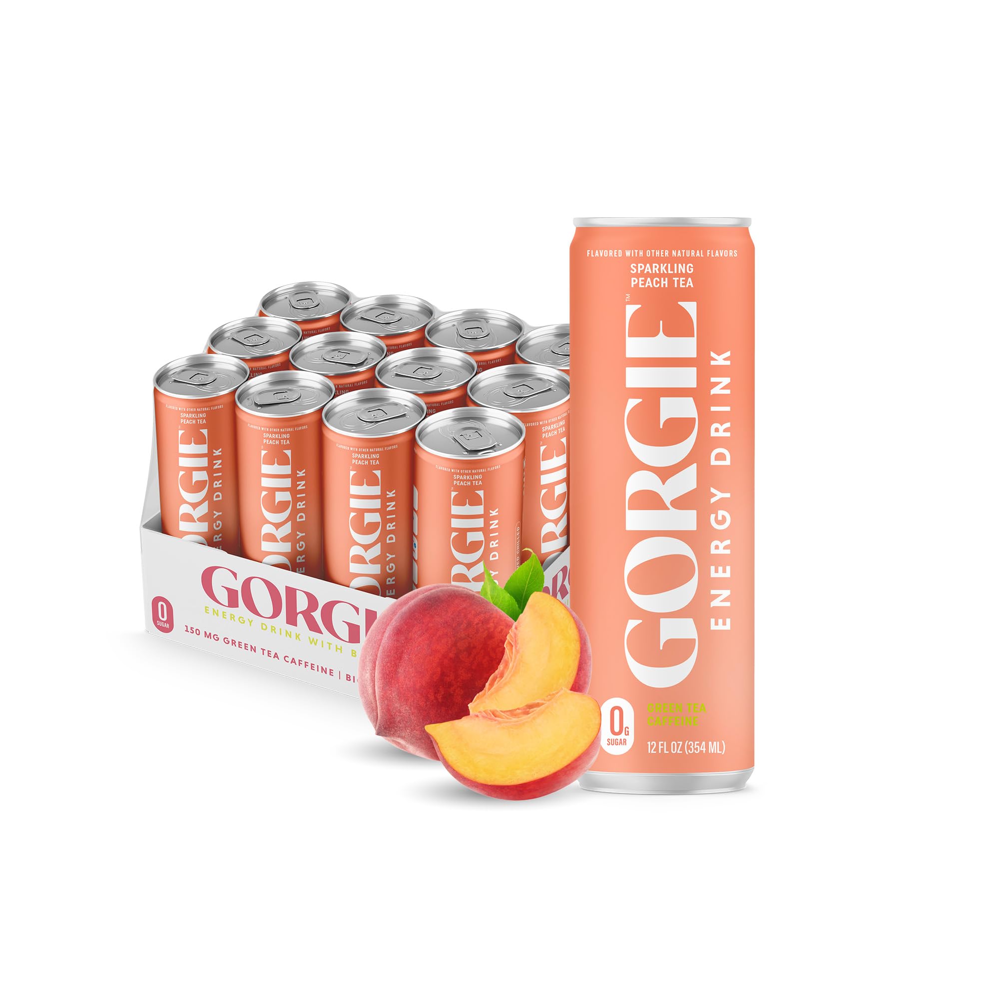 GORGIE Sugar Free Natural Energy Drinks, Peach (12 Pack) - Healthy Energy Drinks - Natural Coffee Replacement with Green Tea Caffeine and Biotin - 150mg Caffeine, Vegan, & Low Calorie