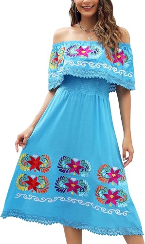 Mexican Dress Women Embroidered Traditional Off Shoulder Fiesta Cinco Mayo Outfi