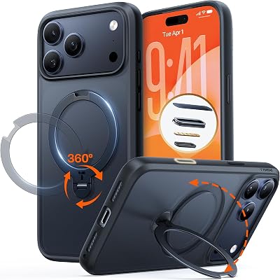 TORRAS 360 Magnetic Stand for iPhone 17 Pro Max Case with Camera Control Button, Fit for MagSafe, Mil-STD Protective Kickstand Case for iPhone 17 Pro Max Phone Case with Stand, Black, Q3 Spin