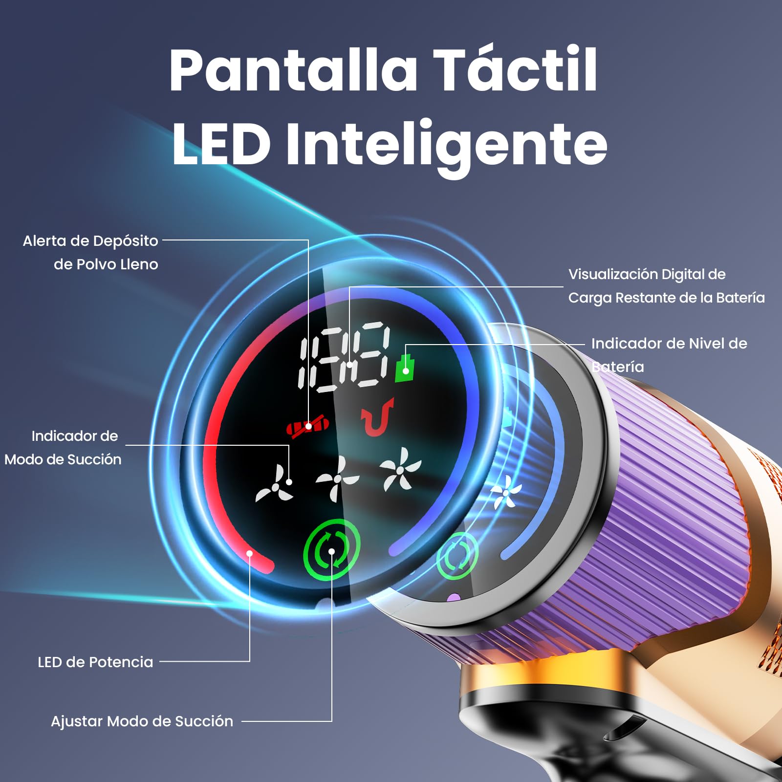 A12 Aspiradora sin Cable 50Kpa/600W/70Min, Aspirador Escoba con Depósito de Agua Extraíble, Tubo Plegable, Pantalla LED, Anti-Enredos, Batería Extraíble, para Alfombras y Mascotas (Morado Pálido)