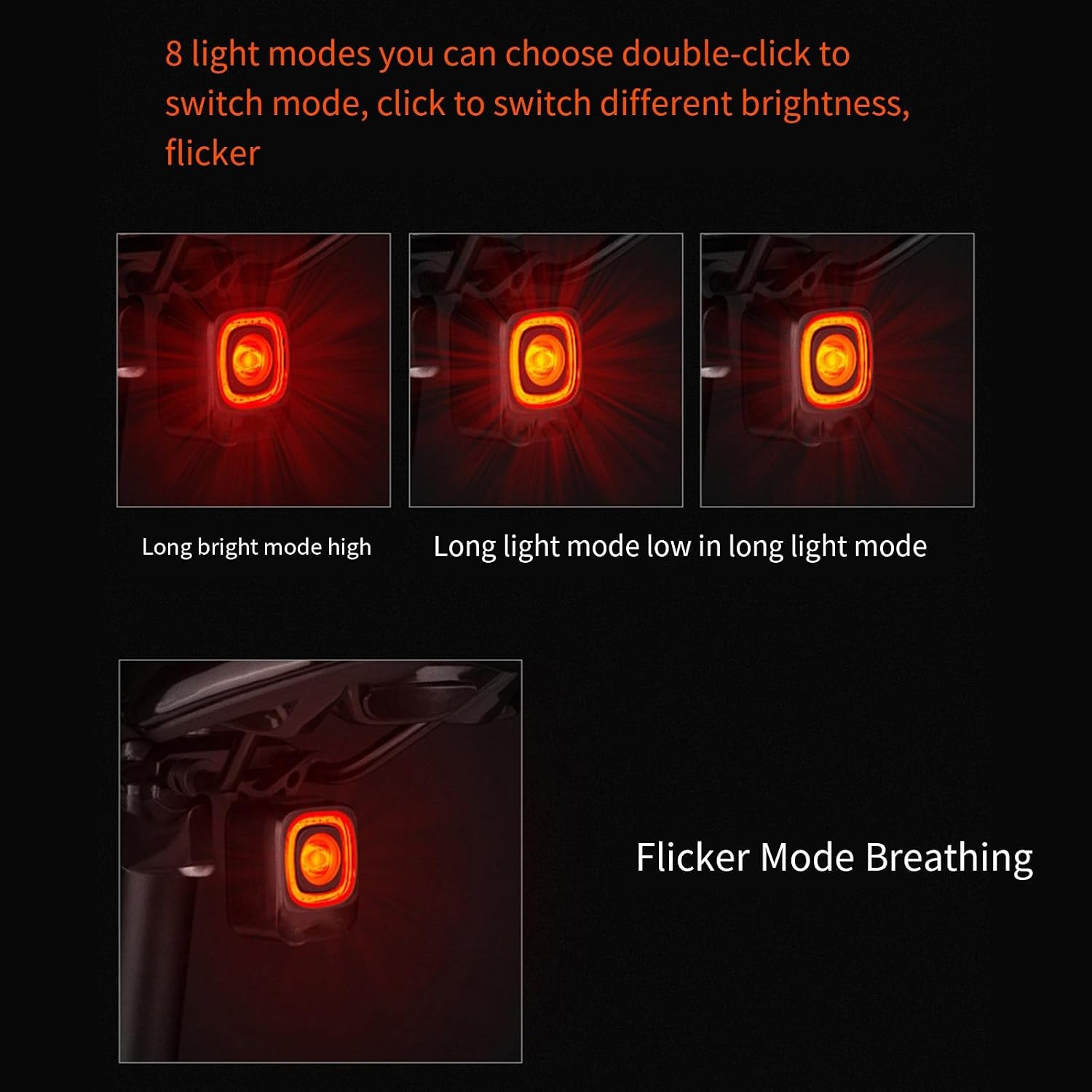 Diagram showing 8 light modes for the Kangnice LED Bike Tail Light