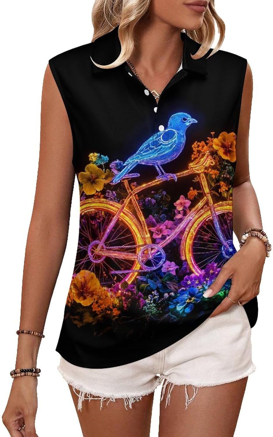 Flower Bike Blue Bird Womens Golf Shirts Print Polo Shirt Sleeveless Tank Top Casual Work Blouses