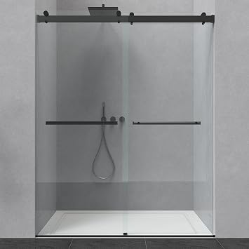 ENSO SENKA 56-60 W x 76 H Dual Sliding Frameless Bathroom Shower Door, 5/16" 8mm Easy-to-Clean Treated Clear Tempered SGCC Glass, Matte Black