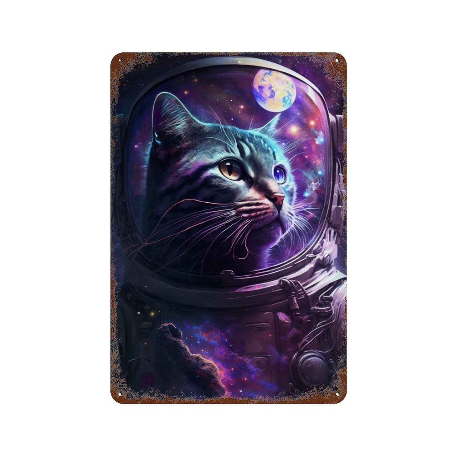 Cosmic Cat Explorer Decorative Tin Sign 11.8"x7.9", Retro Wall Decor for Garage, Pub Or Kitchen