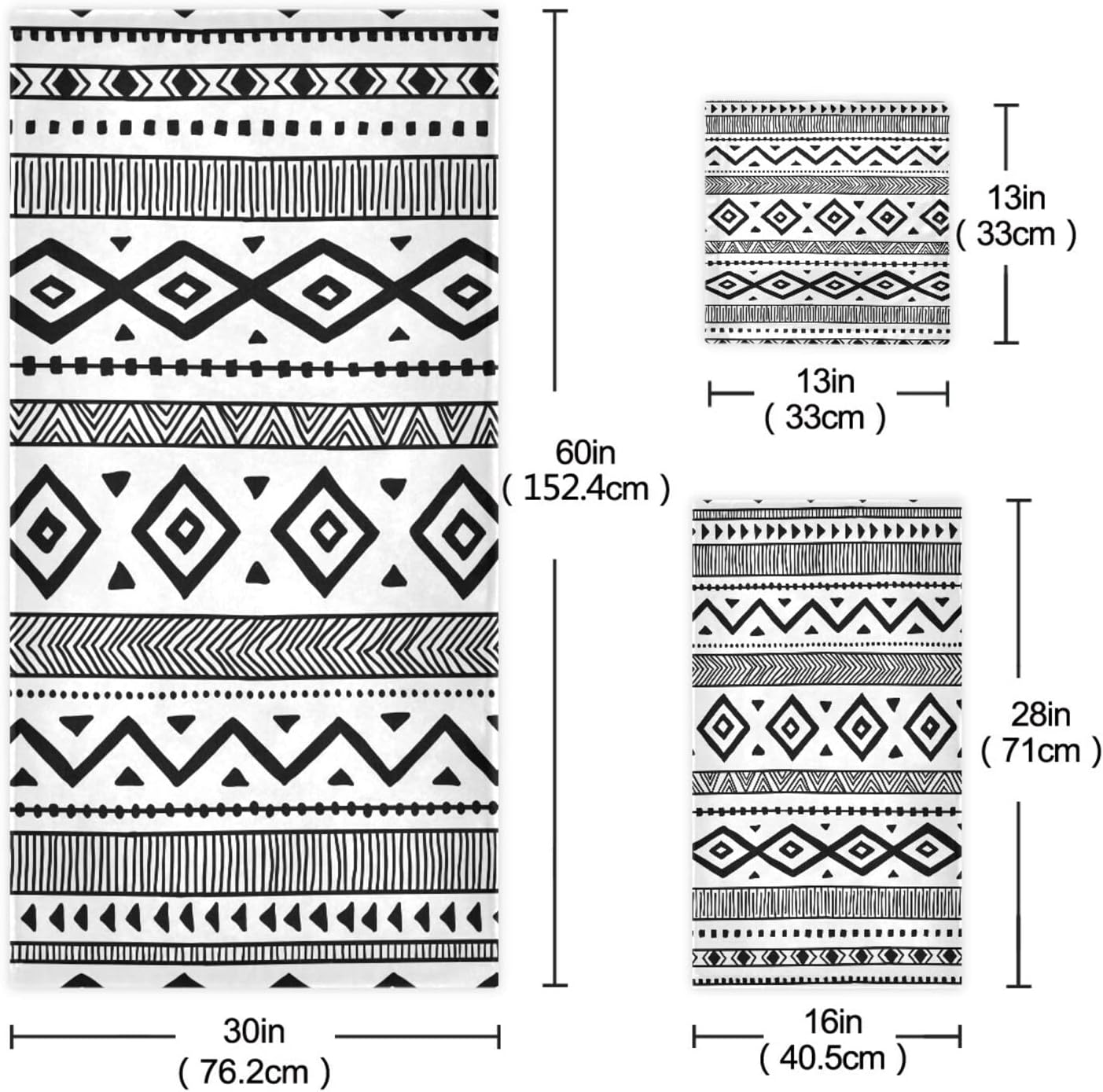 Bath Towels Set Soft Highly Absorbent Black White Native American Tribal Aztec Ethnic Boho Style Towel Set 3 Piece,1 Bath Towel,1 Hand Towel,1 Washcloth,Luxury Towels for Bathroom,Spa,Hotel