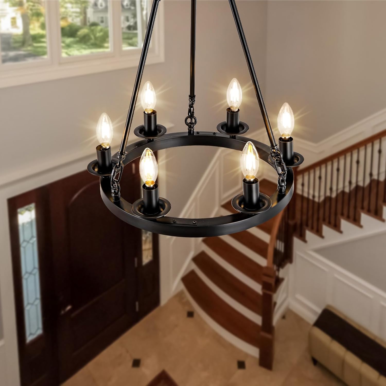 YIOSI Wagon Wheel Chandelier, 6-Light Black Round Modern Farmhouse Chandelier with Adjustable Height Hanging Island Light Fixture for High Ceiling Dining Room, Kitchen, Living Room, Entryways, Foyer