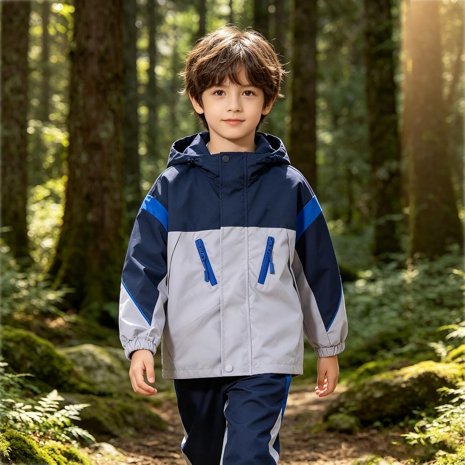 Kids Waterproof Hooded Rain Jacket Boys Block Color Zip up Lightweight Windproof Windbreaker Coat Outdoor Hiking Rain