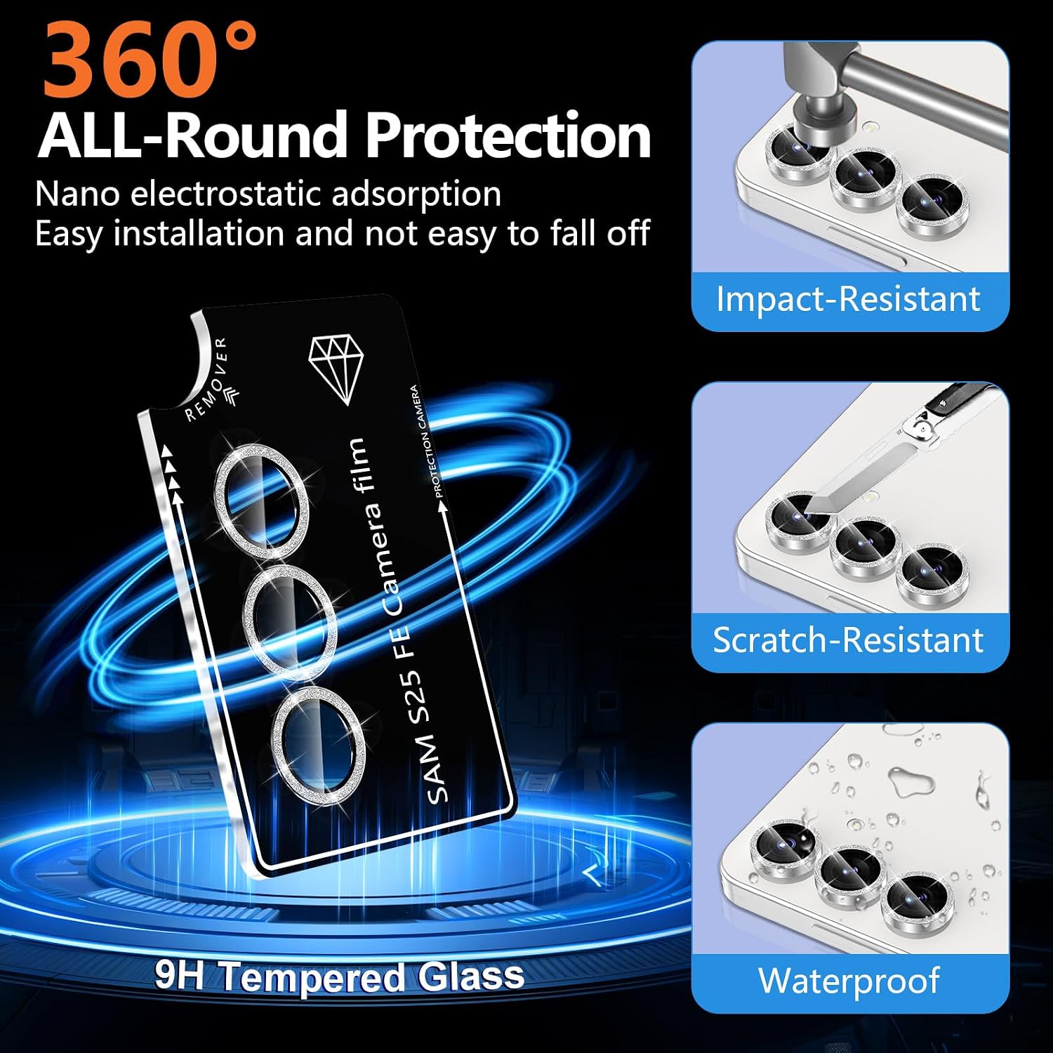 for Samsung Galaxy S25 FE Camera Lens Protector, Individual Metal Ring Tempered Glass Lens Cover, [Strong Adsorption] Scratch Resistant Ultra-Thin HD Clear Lens Cover, 1 Set-Slivery Sparkly image 2