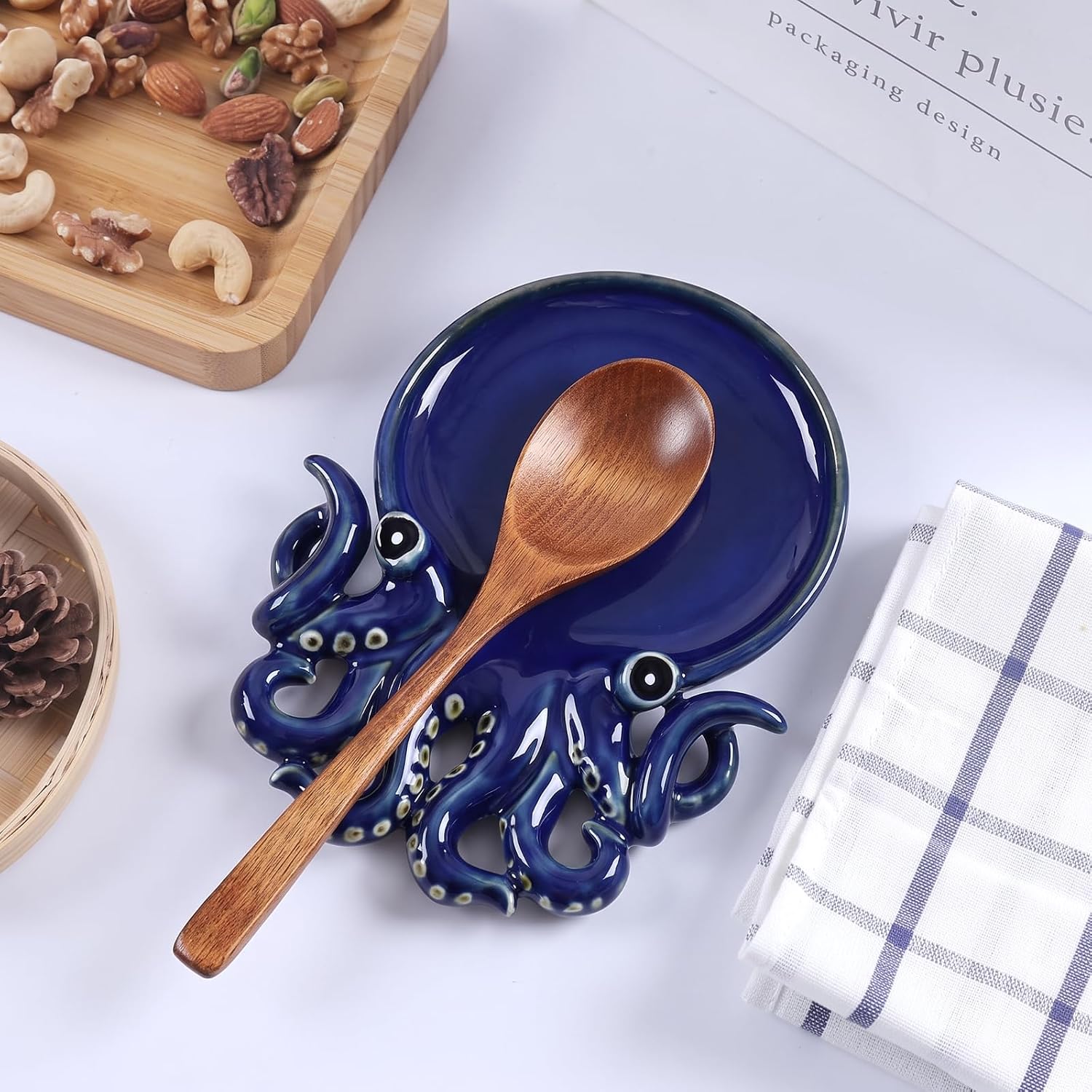 Octopus Spoon Rest for Stove Top Large Ceramic Spoon Holder for Kitchen Counter, Blue Large Kitchen Counter Utensil Holder Cute Funny Sea Life Accessories Home Decoration