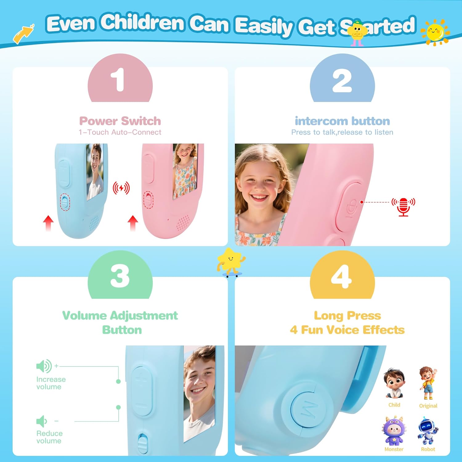 Video Walkie Talkies for Kids, Blue/Pink 2 Pack 1000 mAh Rechargeable Long Range Video walkie talkies, 3 Wearing Options Indoor Outdoor Toys for Family Games, Outside, Gifts for Boys Girls Ages 3-12