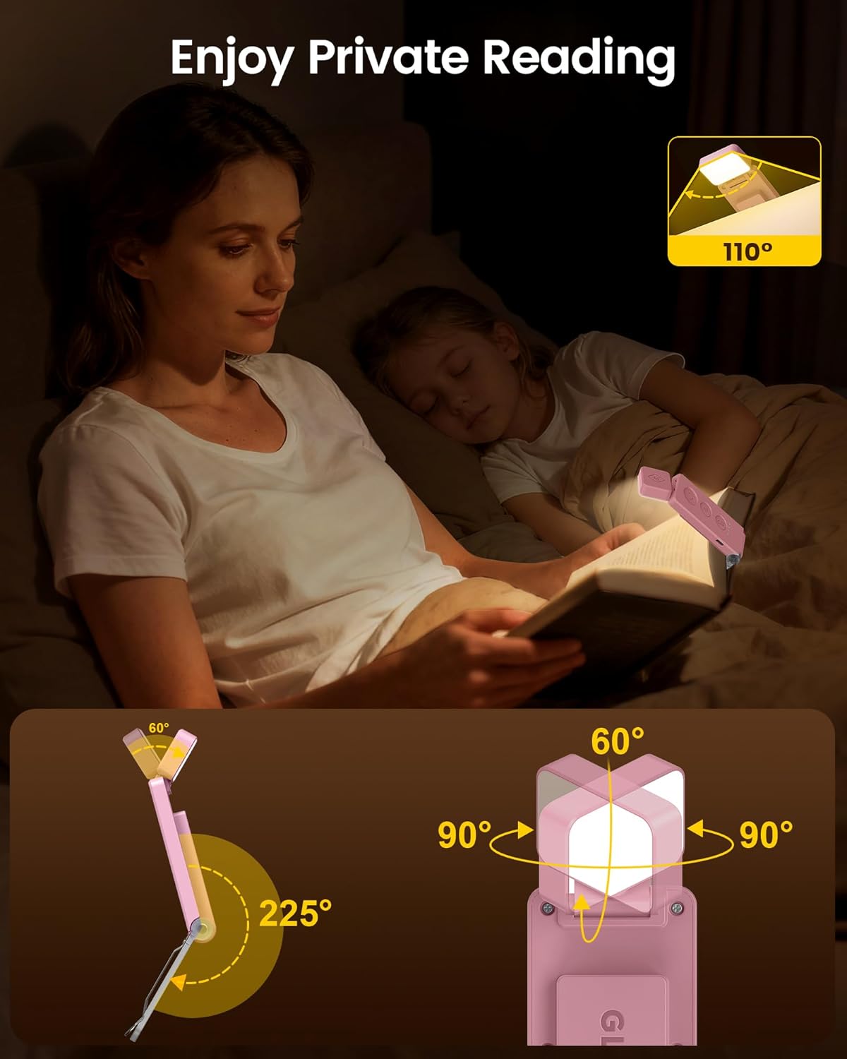 Glocusent 12 LED Rechargeable Book Light, Clip-on Reading Light with 5 Colors & 5 Brightness Levels, Up to 100Hrs Runtime, Eye-Caring Reading Lights for Books in Bed, Perfect for Book Lovers, Kids