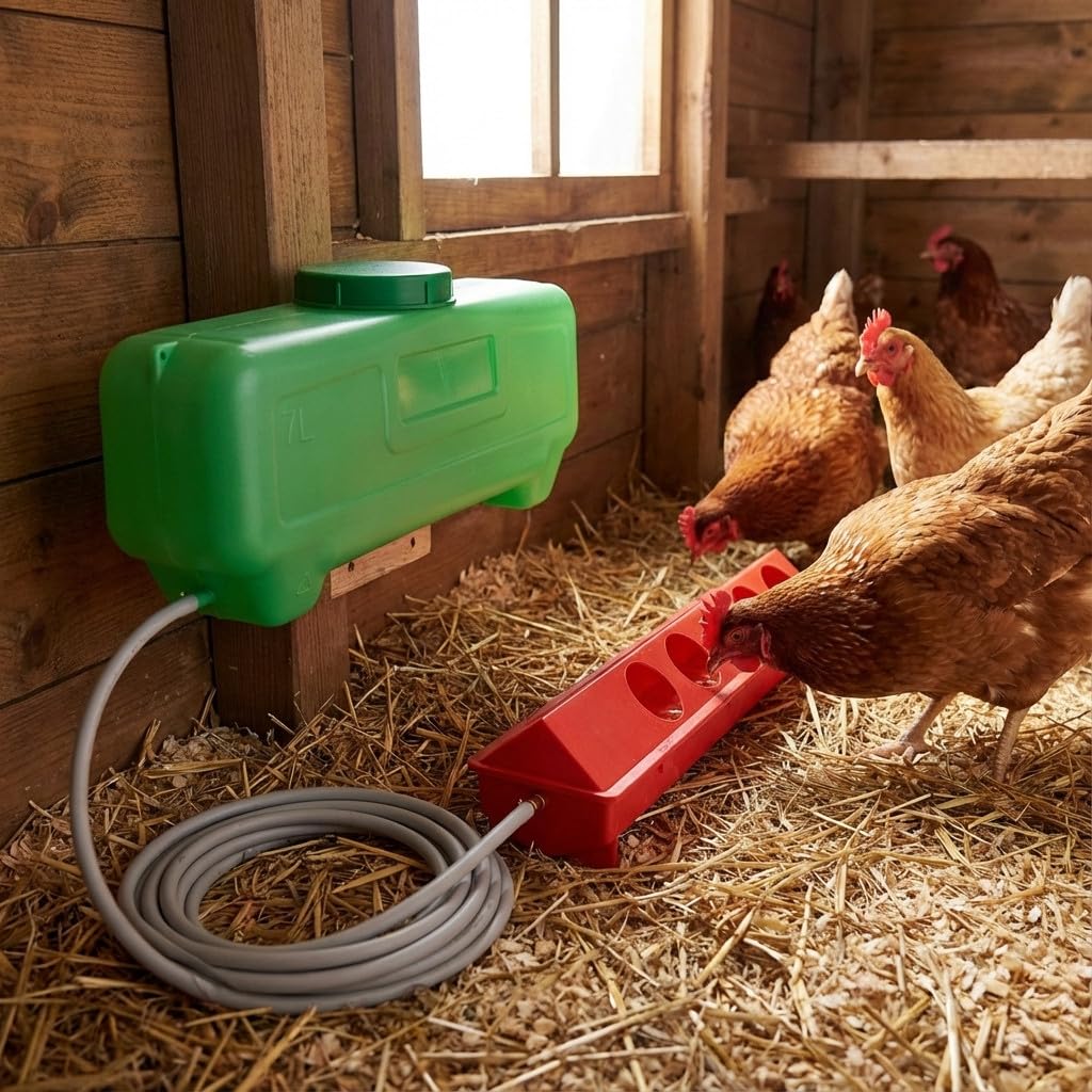 Suinga Kit Bebedero Automático para Gallinas, Palomas y Aves 7 Litros | 50x12x13 cm | Incluye Depósito, Bebedero, Tubería Flexible 25m | 4 Entradas de Agua | Fácil Limpieza y Regulación