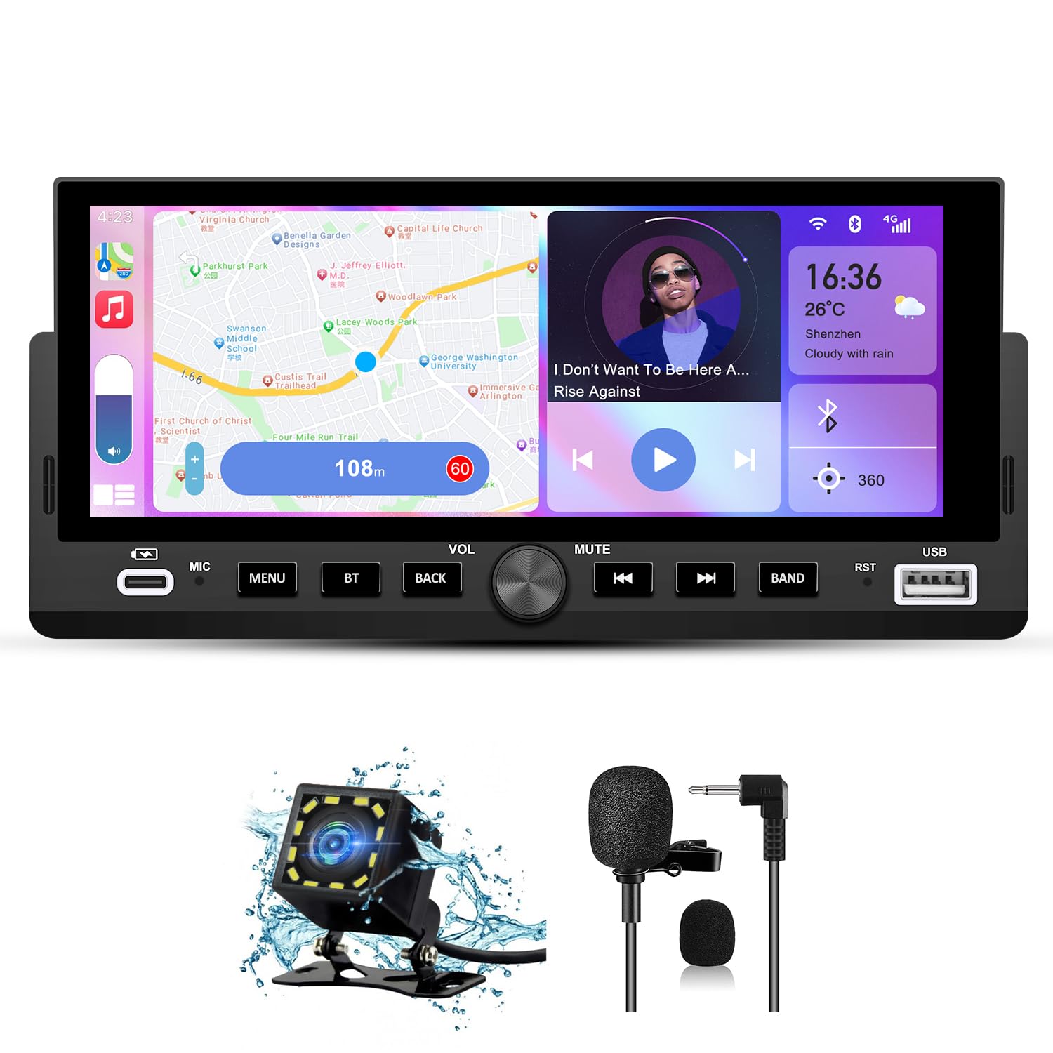 AWESAFE 6.86 Pulgadas 1 DIN Radio Coche Universal con Pantalla Táctil, con CarPlay/AndroidAuto/Mirror Link, Admite Carga Type-C/USB/Micrófono/FM/EQ/WiFi/GPS/Bluetooth/USB/SWC y Cámara Trasera