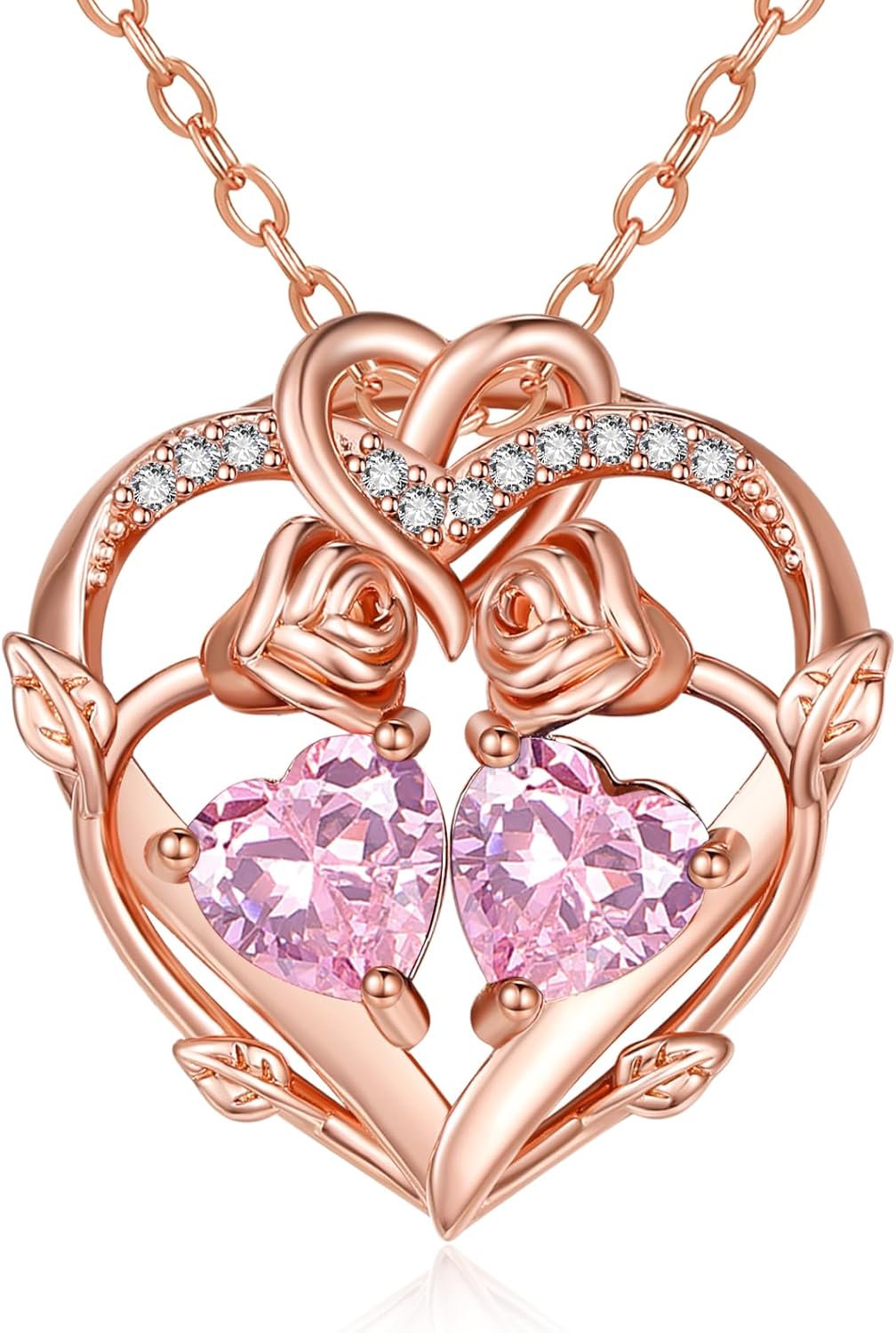 Rose Gold Necklaces for Women Double Birthstone Rose Flower Heart Pendant Necklace ...