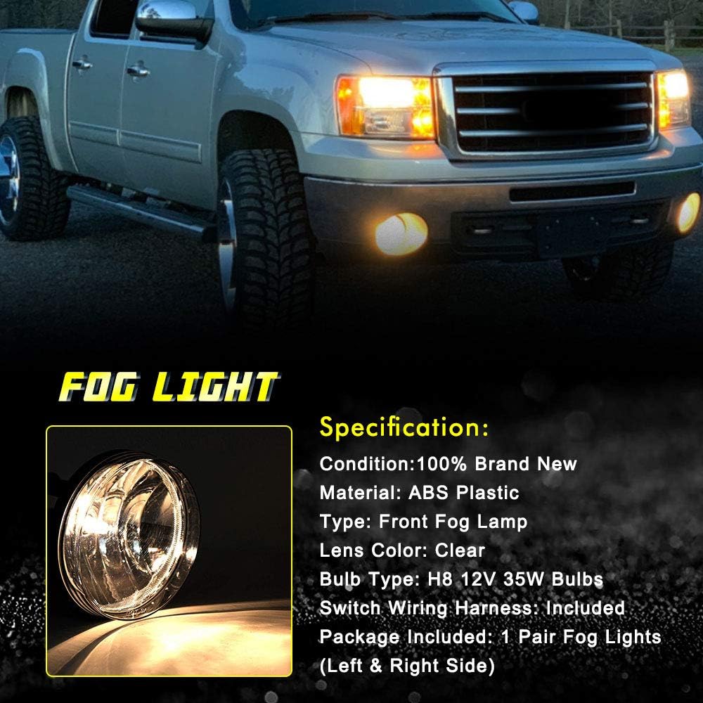 Fog Lights Replacement for 2007-2013 GMC Sierra 1500 2007-2014 GMC Sierra 2500HD 3500HD Fog Lamps with Clear Lens H8 12V 35W Halogen Bulbs Universal Switch and Wiring Kit 25831948,GM2592161 Clear Lens
