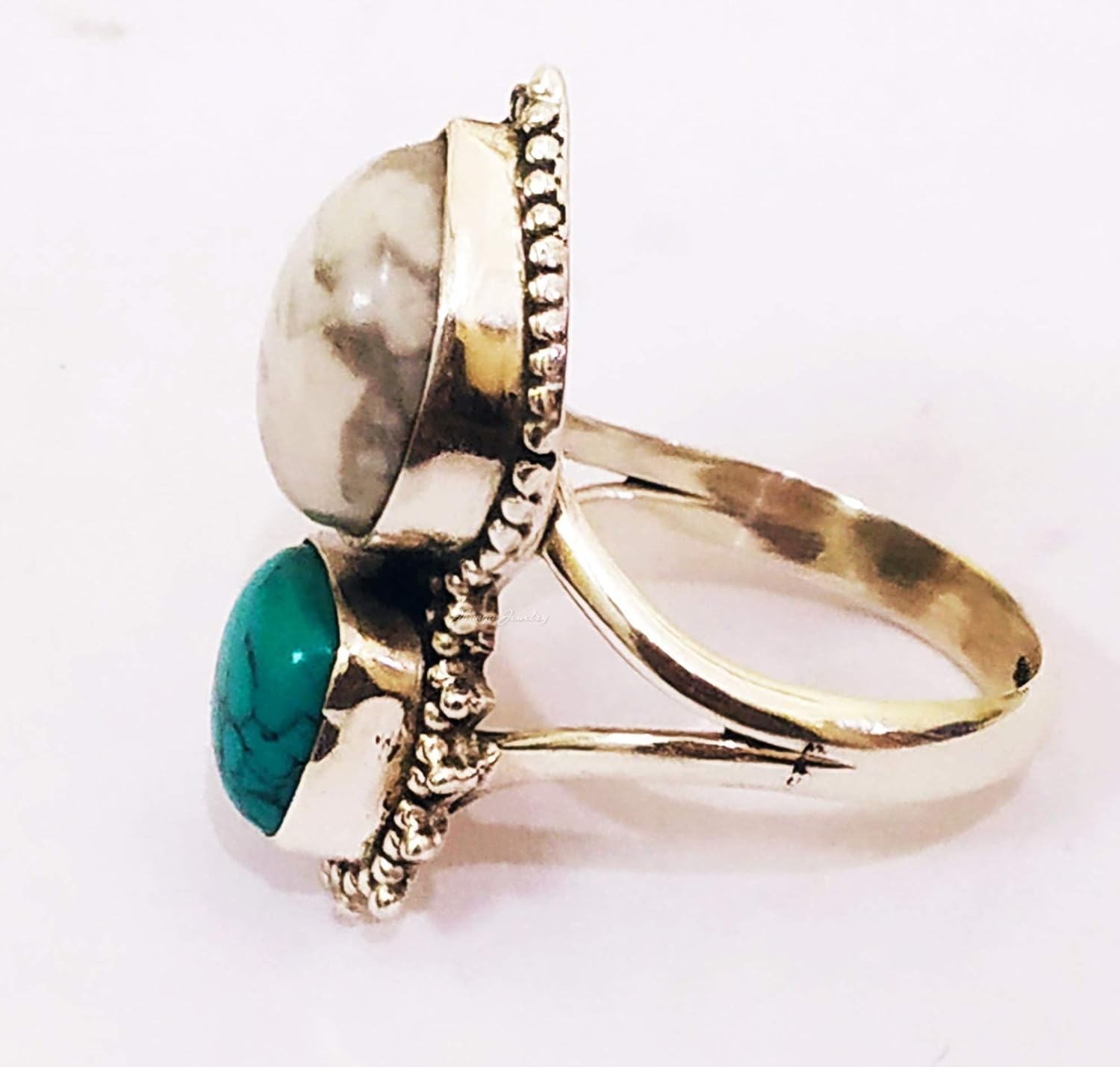White Howlite Ring, Sterling Silver Ring, Antique Ring, Bohemian Ring, Turquoise Howlite Ring, Promise Ring, Buffalo Ring, Bridesmaids Gift, Healing Crystal, Gypsy Ring, Vintage Style, Two Stone Ring