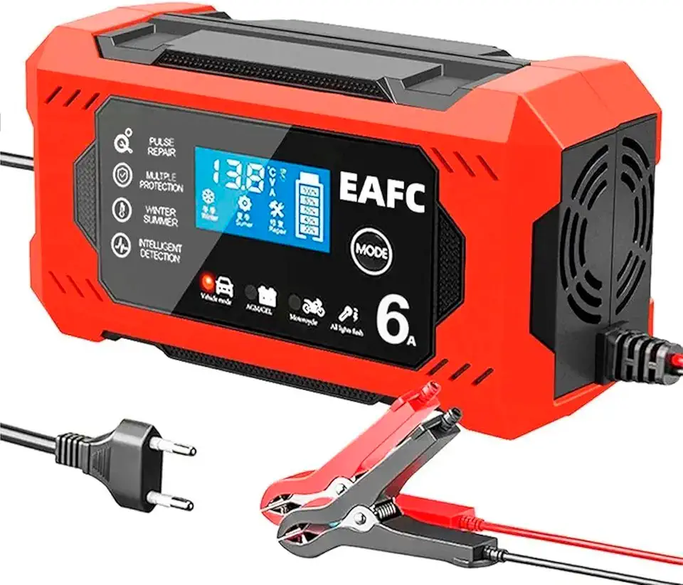 Carregador de bateria de carro 12V/6Amp automotivo inteligente mantenedor de bateria para carros, caminhões, motocicletas, cortadores de grama, barcos, trailers, veículos off-road,