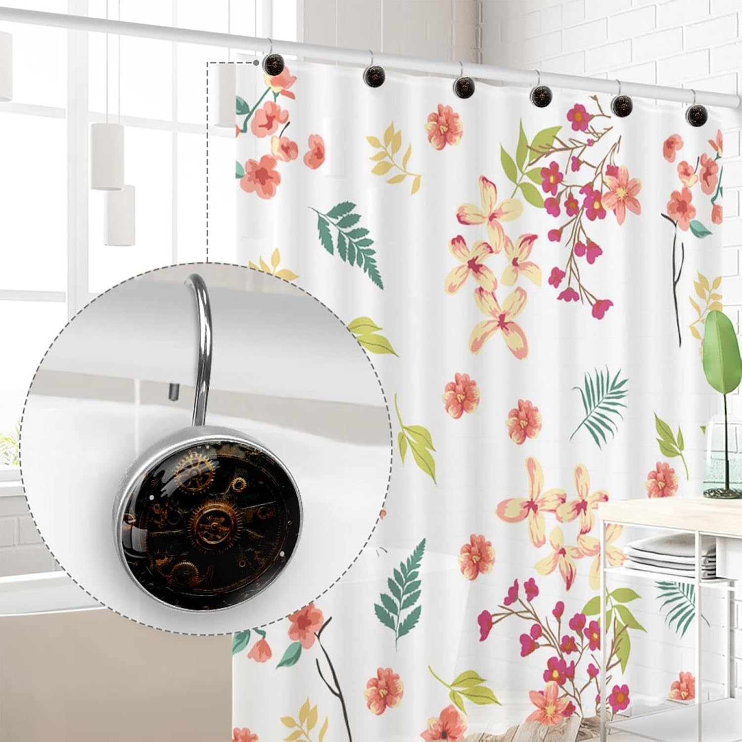 Steampunk Gears Background Shower Curtain Hooks, Rustproof Shower Curtain Rings for Bathroom, Stainless Steel Shower Hooks for Shower Curtain Rod, Decorative Shower Curtain Hangers Set of 12
