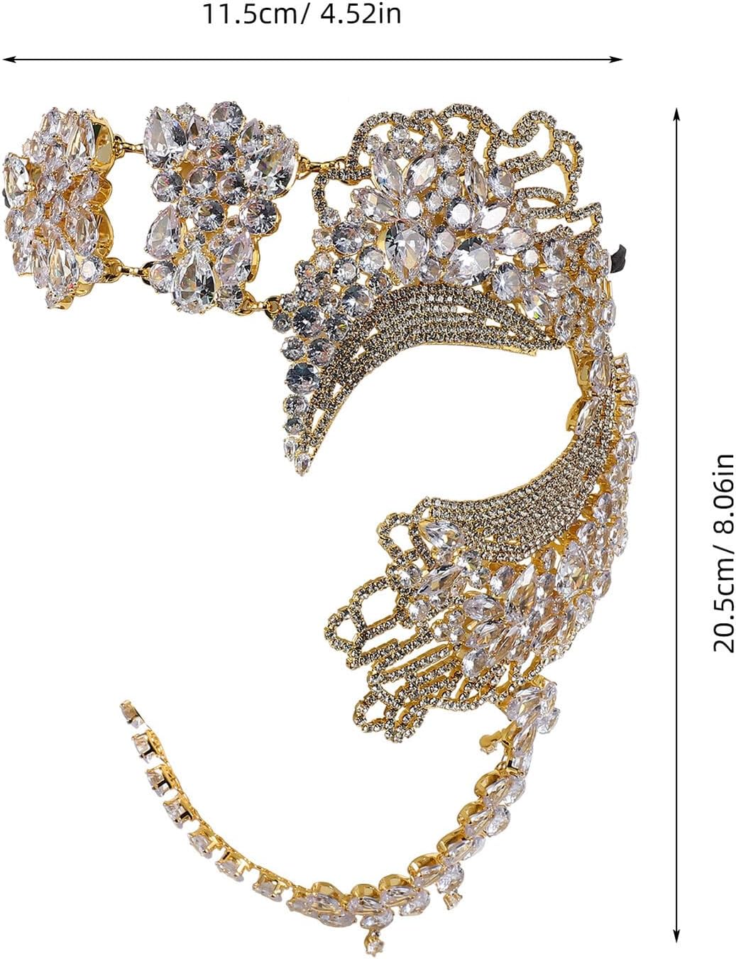 Rhinestone for Women, Venetian Half Face Ball Costume Mask Elastic Band, Gold Bling Cover for Halloween Mardi Gras Carnival Prom