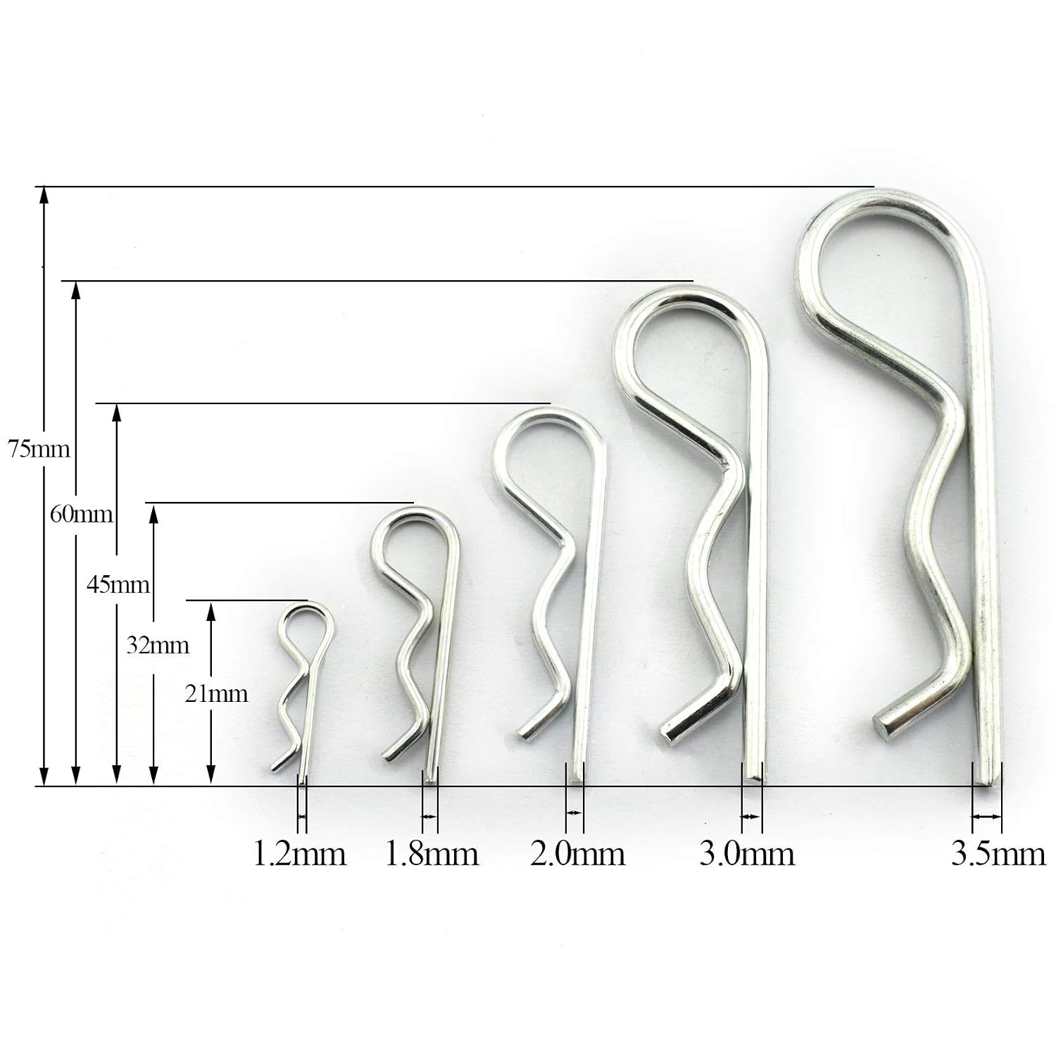 20 PCS R Clips Spring Retaining Wire Hair Pins M1.2-M3 (M1.2*21,M1.8*32,M2*45,M3*60,M3.5*75)