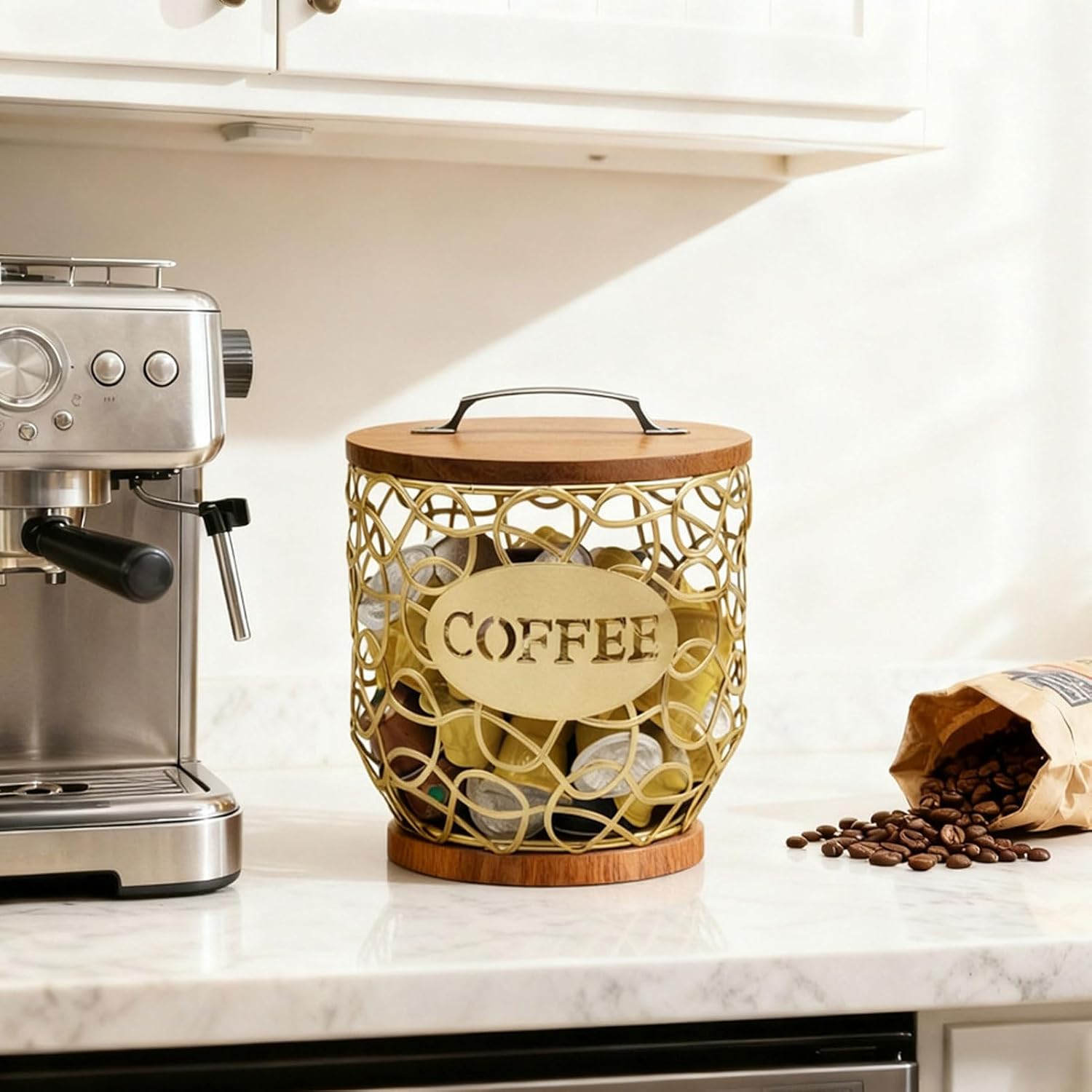 Coffee Pod Holder, Round Mug Shaped Storage Basket, 35+ Capsules Holder with Wood Base, Ideal for Tea Bags, Sugar Packets, Kitchen & Office (Gold)