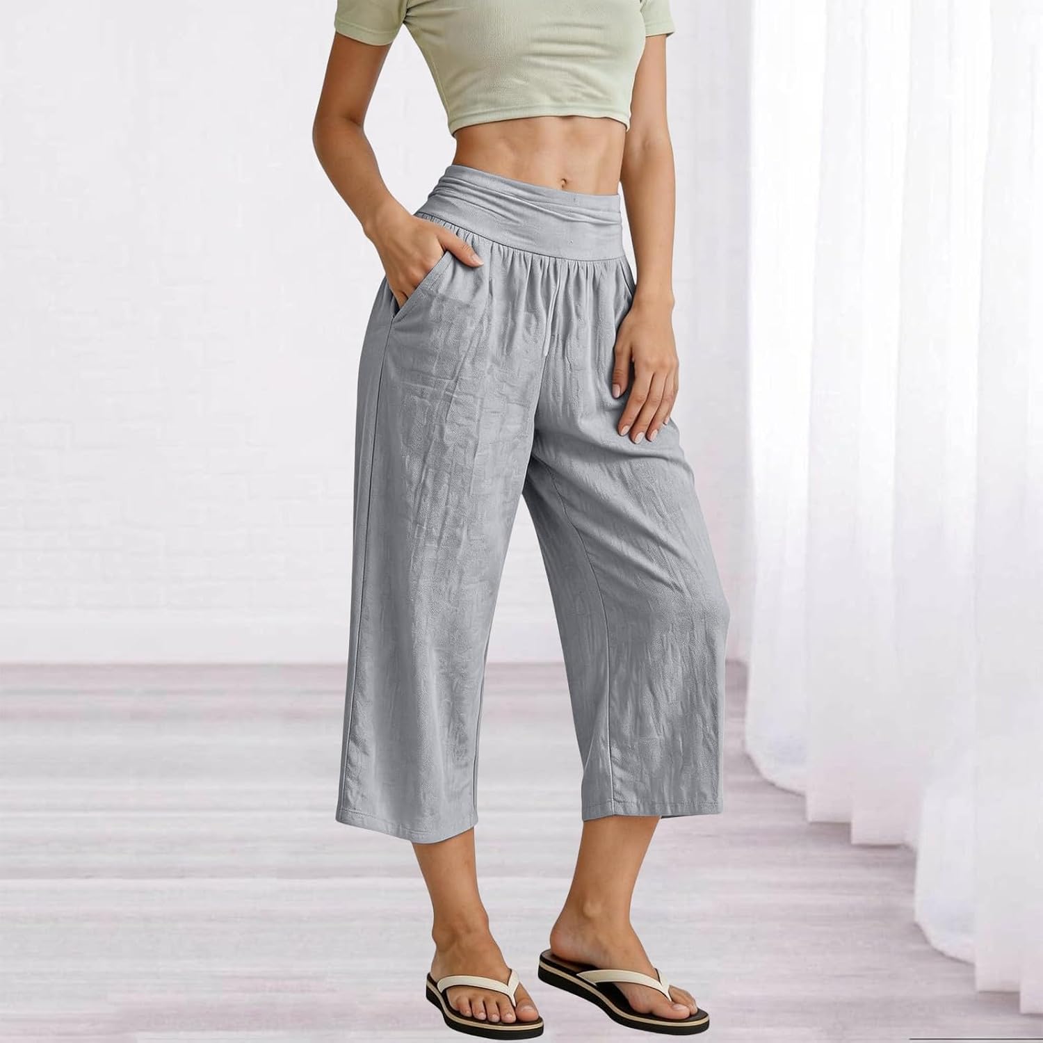 Gaucho Pants for Women Cotton Linen Fold Over Capris Summer Low Rise Plus Size Wide Leg Flowy Palazzo Cropped Outfits