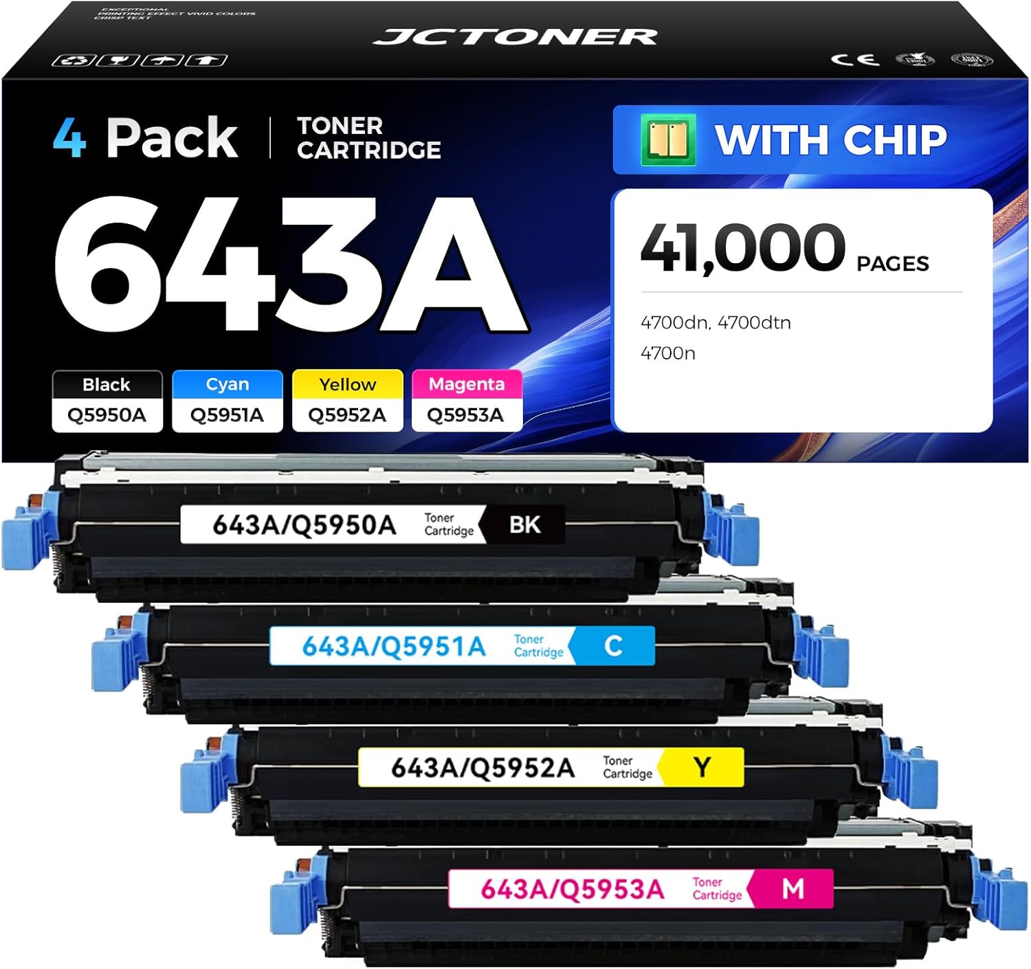 643A Toner Cartridge Set 4-Pack with Chip High Yield Replacement for HP 643A Q5950A Q5951A Q5952A Q5953A Compatible with HP Color LaserJet 4700dn 4700dtn 4700n Printer Ink (Black Cyan Yellow Magenta）