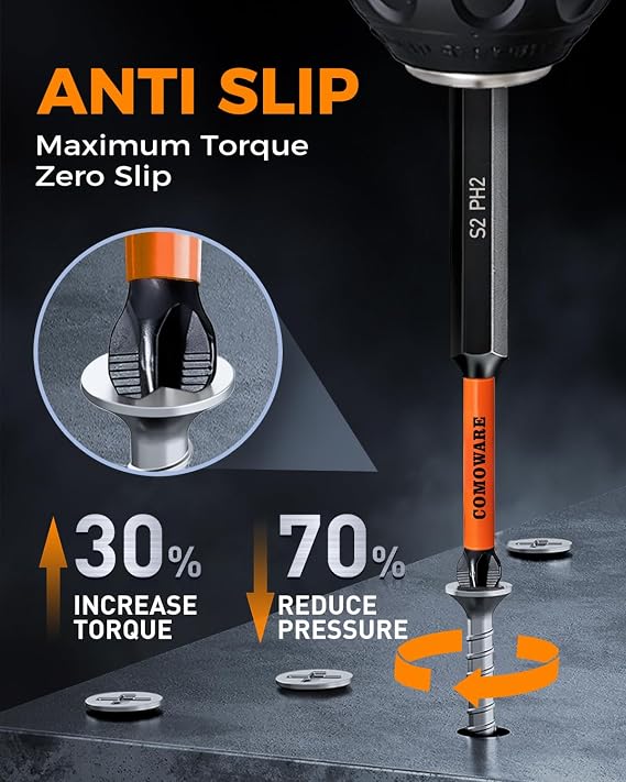 COMOWARE 13pcs Phillips Head Drill Bits #2, S2 Steel 1/4 Hex Bit Set, Anti Slip Screwdriver Bits, 1-6 Length, CNC Tip Magnetic Drill Bit, Impact Hex Bits Sets For Electronic Devices Disassembly