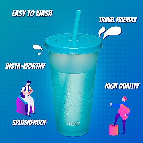 Miniatura 4 de Meoky Paquete de 12 vasos de plástico con tapas y pajitas reutilizables de 24 onzas que cambian de color para adultos y niños vasos de café frío