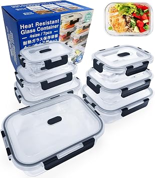 CLEAN HOUSE Heat-Resistant Containers Set, Microwave-Safe with Lids, 7-Piece Glass Dishwasher Safe Airtight Tuppers Storage Containers 4 Sizes, 7-Piece Set