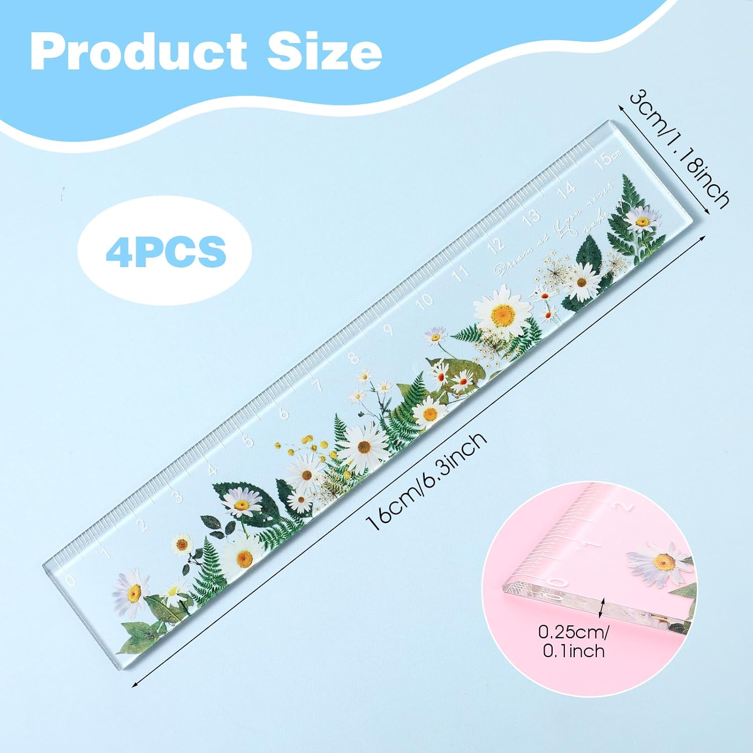 4PCS Clear Acrylic Rulers 6 Inch, Lovey Flowers Straight Edge Ruler, Cute Flower Measuring Tool for Crafting Office School Supplies, Acrylic Small Ruler with Floral Design