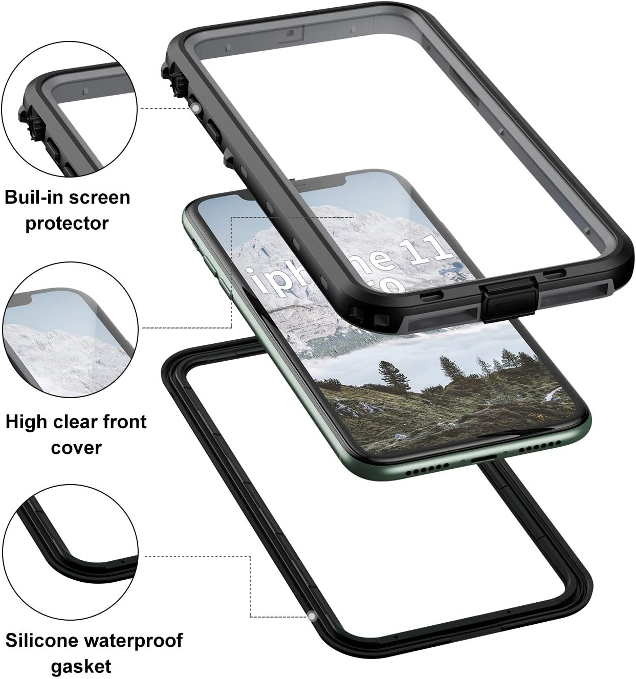 Janazan iPhone 11 Pro Waterproof Case, IP68 Full Sealed Underwater Protective Cover, Waterproof Shockproof Snowproof Dirtproof with Built-in Screen Protector for iPhone 11 Pro 5.8 inch 2019 (Black)