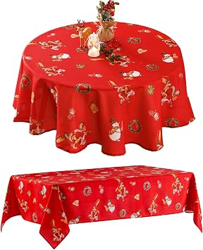 VidaFete Christmas Santa Claus Tablecloth, Round Red Table Cloh Polyester with Snowman Pattern,Waterproof Wipe Clean Holiday Table Cover for Xmas Dining Parties Home Decoration, 60inch Round