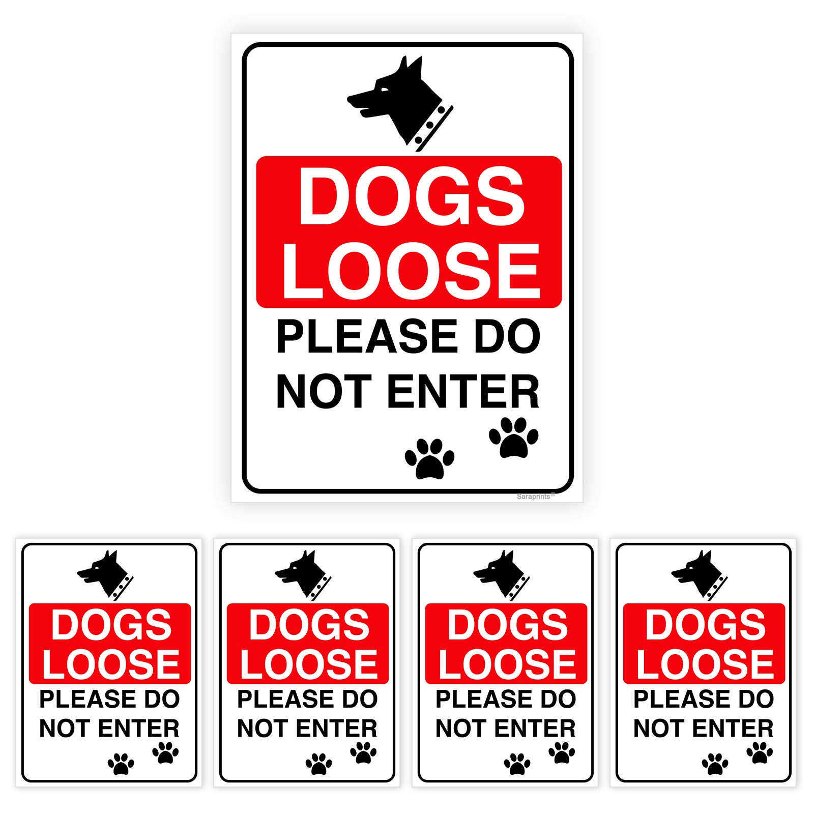Pack of 5 Dogs Signs for Gates Self Adhesive Waterproof Stickers (150 x 200 mm) Dogs Loose Sign Stickers for Gates Sara Prints®
