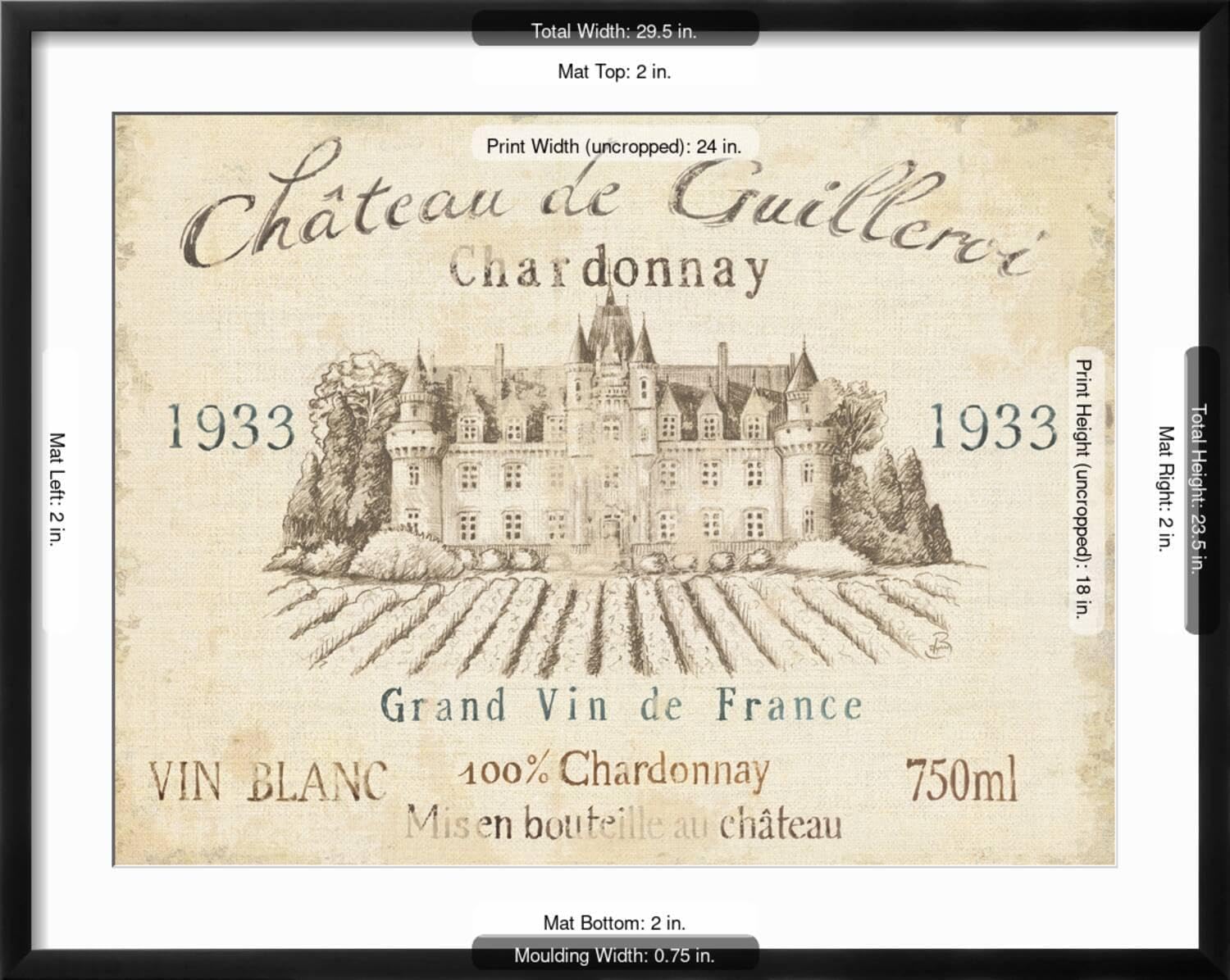 ART.COM Wall Art Print French Wine Label IV Cream on Black Frame by Daphne Brissonnet, 29" x 23"