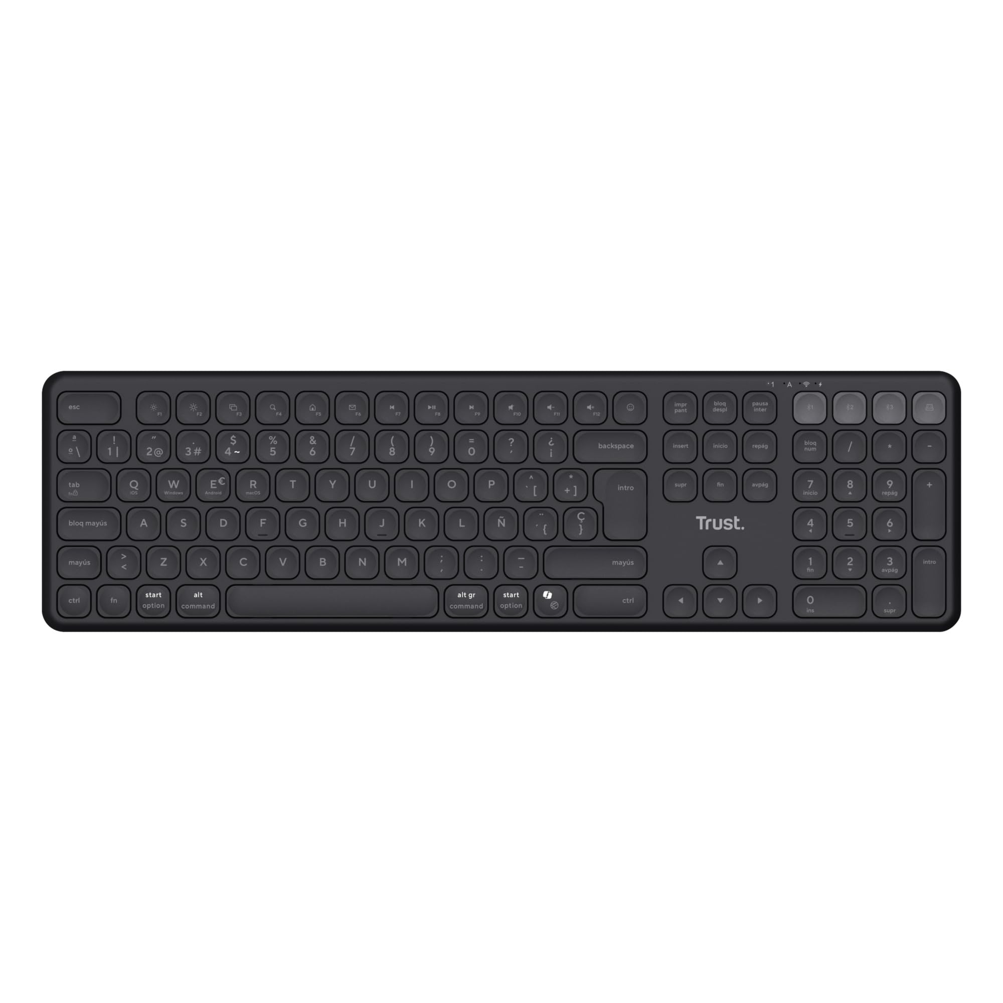 Trust Vaiya Teclado Inalámbrico Bluetooth + 2.4 GHz QWERTY Español, Teclado Bluetooth Multidispositivo Recargable con Numpad, 55% Plástico Reciclado, Windows iOS iPadOS macOS Android, Negro