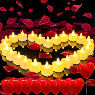 Homemory Romantic Night For Her Set, 1000Pcs Artificial Rose Petals | 30Pcs Burgundy Heart Balloon | 24Pcs Battery Candles, Heart Tea Lights Candles for Romantic Night, Valentine, Wedding, Anniversary