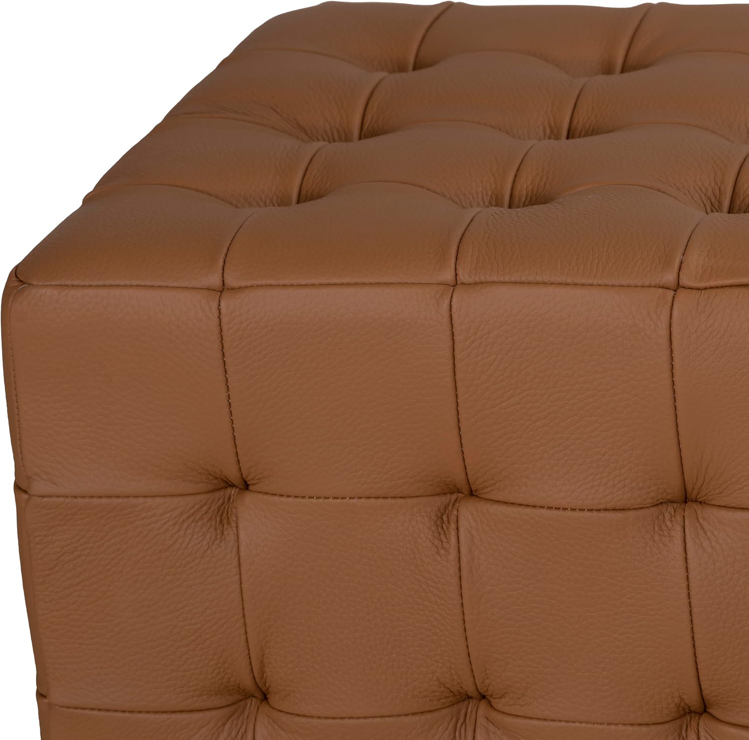 Cortesi Home Charli Tufted Cube Ottoman in 100% Genuine Leather, Saddle Brown