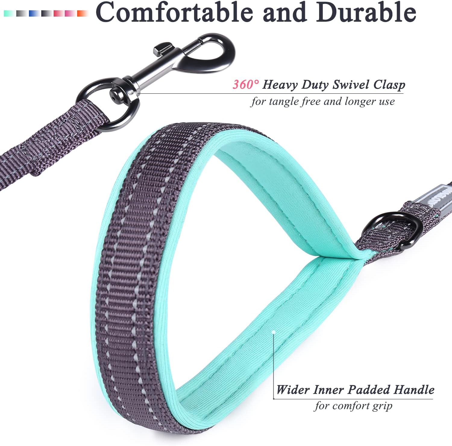 VIVAGLORY Dog Training Leash with Double Padded Handle, Heavy Duty 6ft Long Nylon Reflective Safety Traffic Handle Leash Walking Lead for Small to Medium Dogs, Grey
