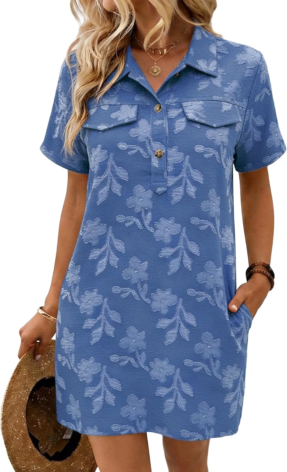 Bsubseach Swimsuit Coverup for Women 2026 Short Sleeve Summer Floral Beach Cover Up Shirt Boho Dress with Pockets