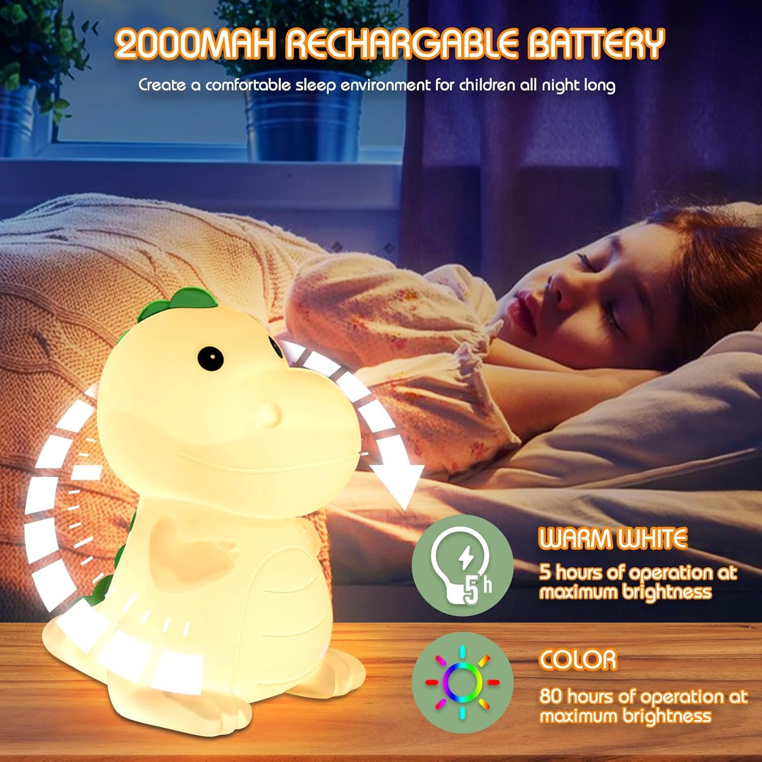 Kids Night Light Squishy Dinosaur Nightlight for Kids Room 7 Color Changing Children Bedside Lamp Portable Rechargeable Touch Dimmable Baby Silicone Cute Night Light Dinosaur Lamp for Boys Girls - Image 3