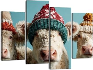 Weone Artwork 4 Panel Canvas Wall Art Magical Scene Three Cows Festive Red Green Hats Stretched & Framed Art Prints Modern Painting Wall Decoration Ready to Hang Unique Designed