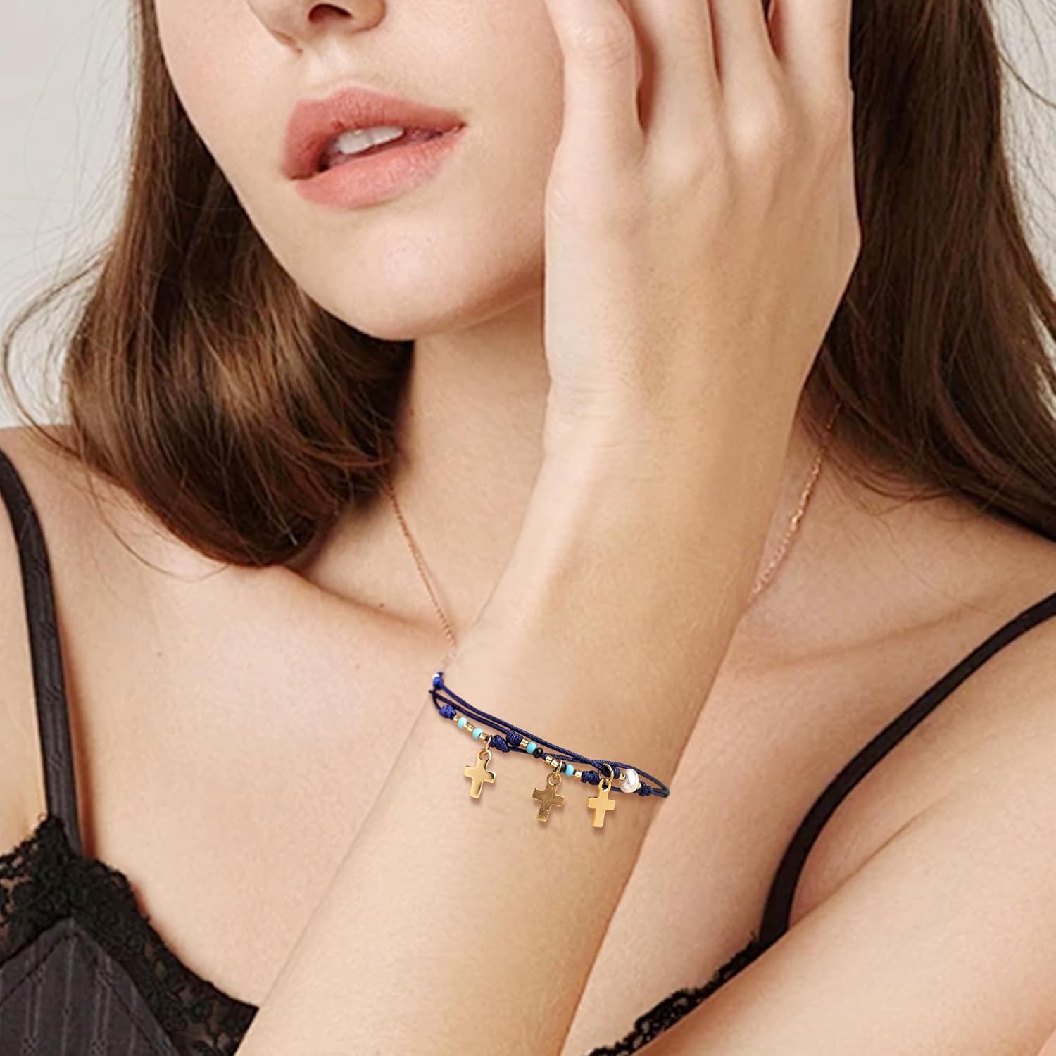 Evil Eye Gold Cross Charm Bracelets Stack Set for Women, Dainty Boho Handmade Adjustable Pearl Beads Layered Blue Red String Strand Bracelet Outfit Accessories Jewelry Gift. - Image 2