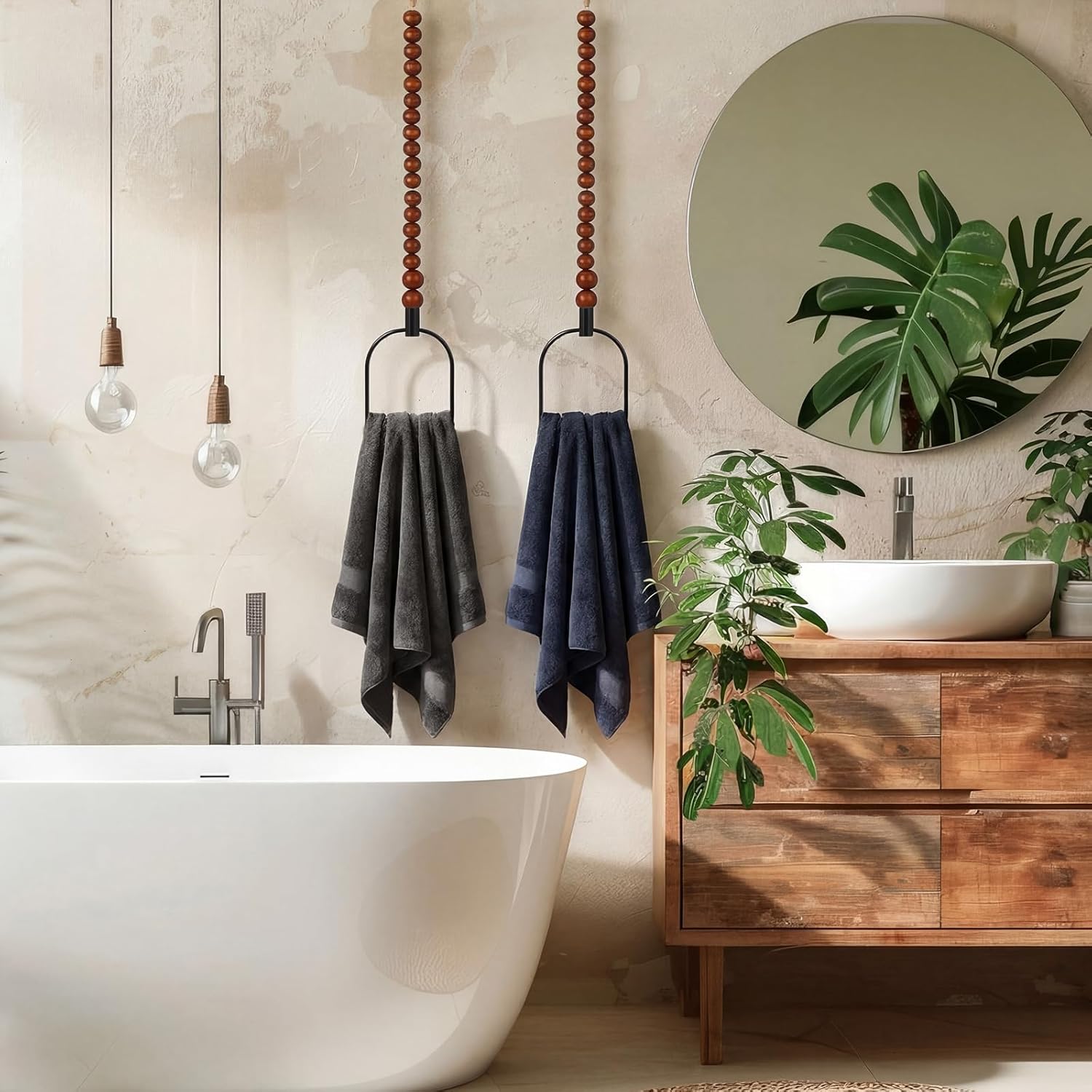 LemonRoad 2 Pcs Boho Towel Ring Holder Rustic Wooden Bead Hand Towel Holder Wall Mounted Bathroom Accessories Farmhouse Decor for Bathroom Wall 22 Inch