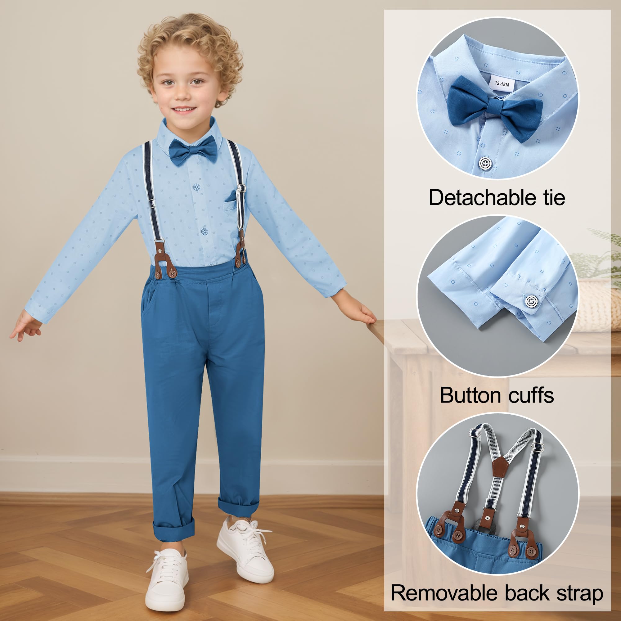 CARETOO Ropa para niños pequeños, trajes de boda para caballeros, trajes formales para niños, camisa de vestir con corbatín, pantalones largos, overoles 1-5T