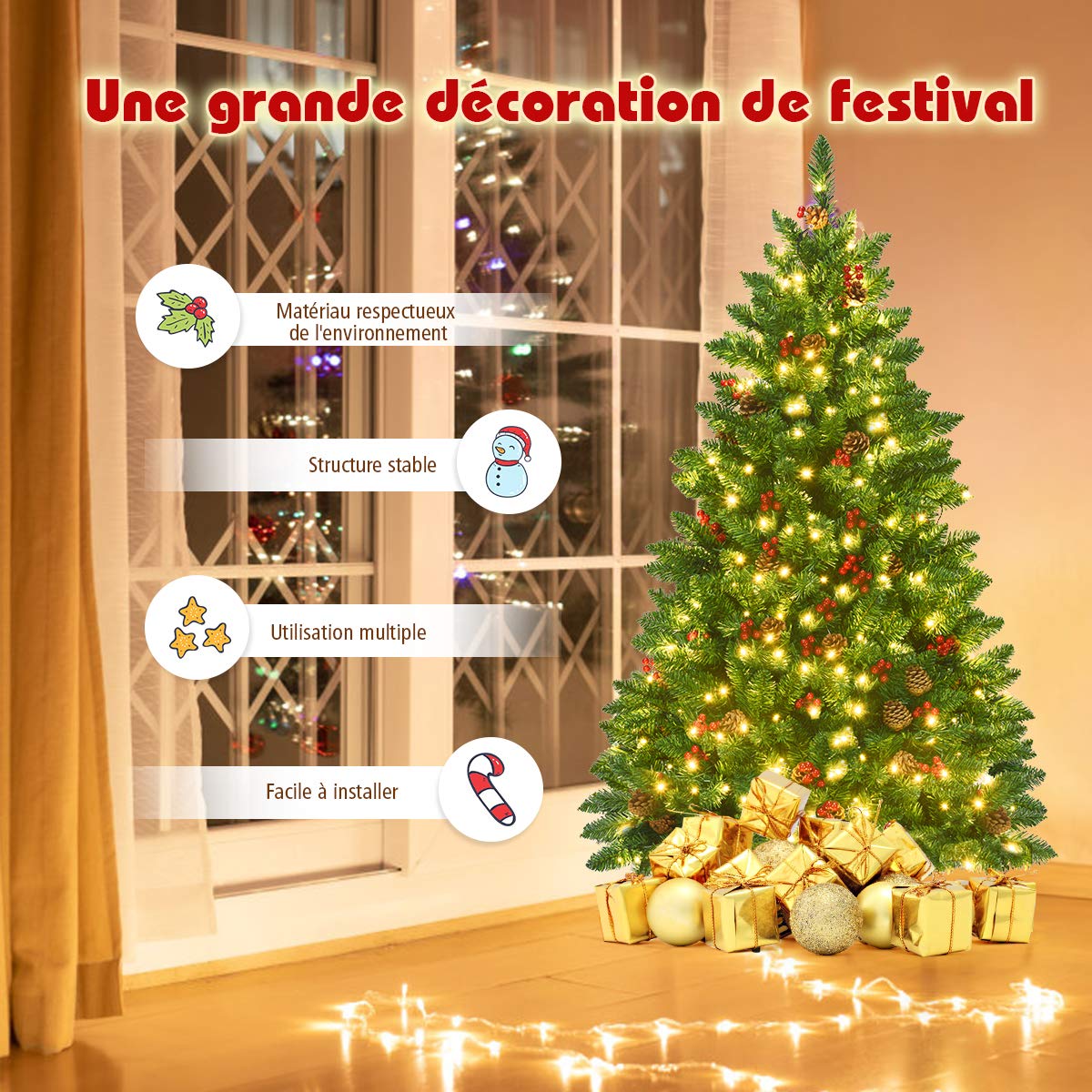 COSTWAY Sapin de Noël Artificiel avec Lumière LED 135 cm, Arbre de Noël avec Pommes de Pin et Baies Rouges, avec 516 Branches, Aiguilles en PVC, avec Support Métallique Robuste, Vert (135CM)